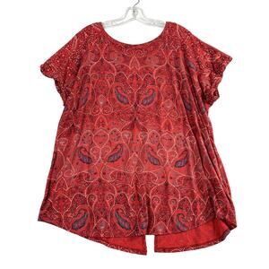 Lucky Brand Paisley Split Back Tee Short Sleeve Red Womens 1X
